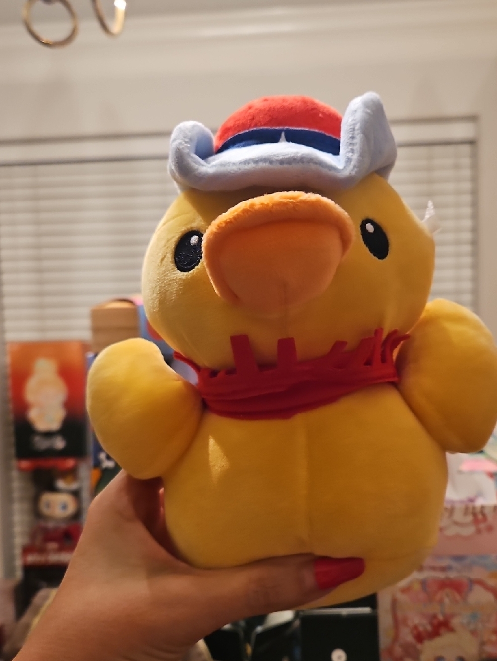 Yellow Plush Duck with Red Scarf and Blue-White Hat